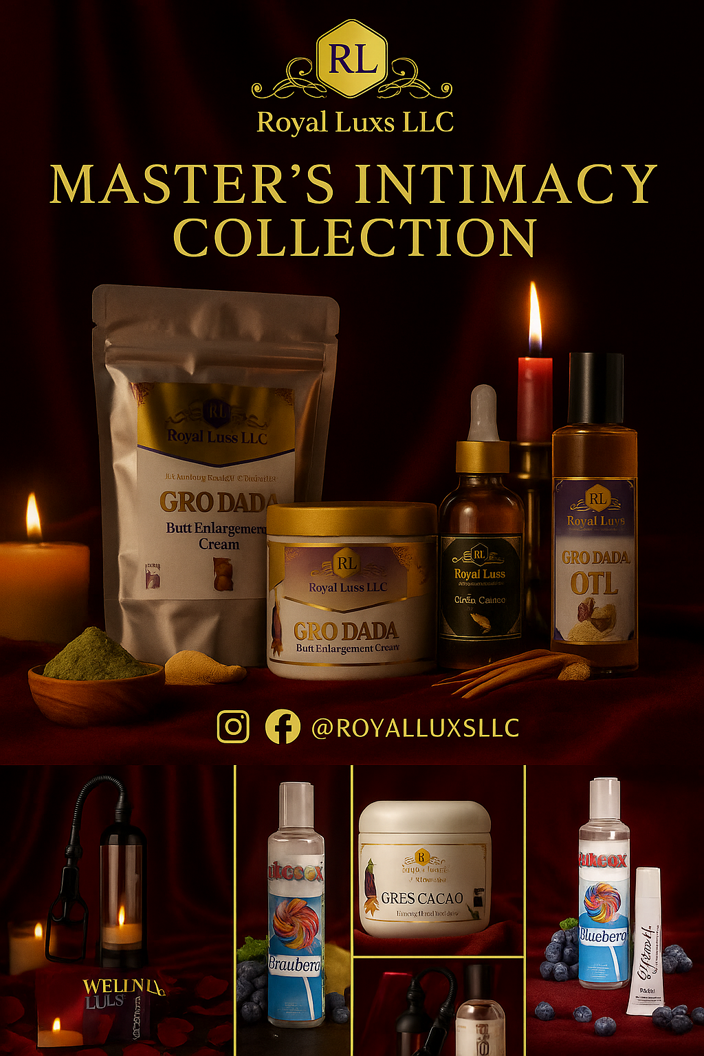 Intimacy e-books collection featuring Royal Luxs LLC Gro Dada products with candles and natural ingredients