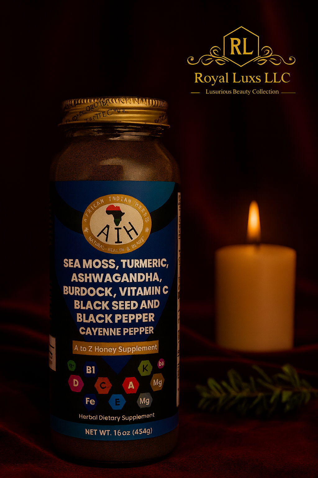 RoyalLuxsLLC energy boost honey supplement with sea moss turmeric ashwagandha and vitamins in a 16 oz bottle