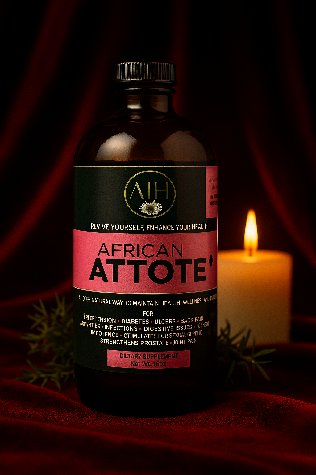 RoyalLuxsLLC African Attote bitter supplement bottle with health benefits label next to a lit candle