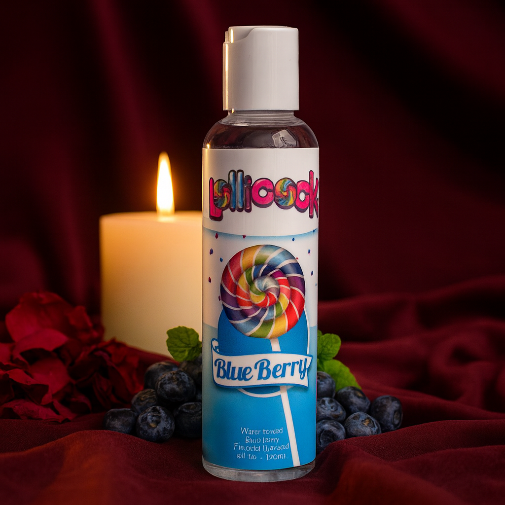 Blueberry flavored water-based lubricant bottle by RoyalLuxsLLC with blueberries and lit candle background