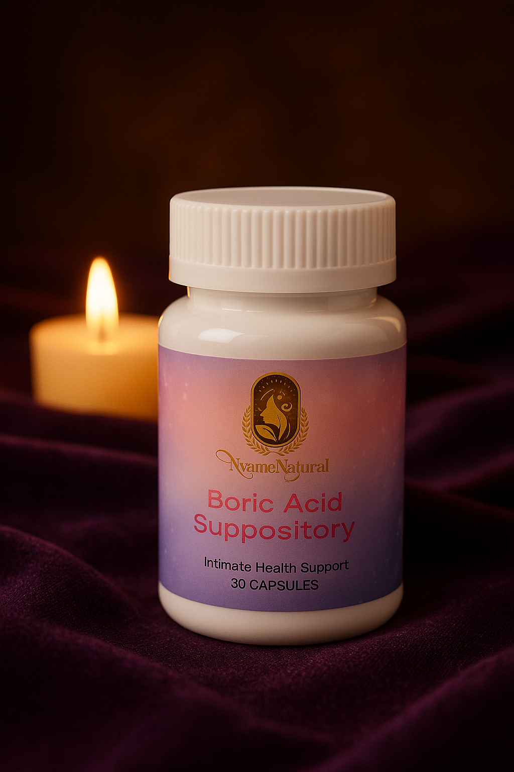 RoyalLuxsLLC bottle of pure boric acid suppositories for intimate health support containing 30 capsules