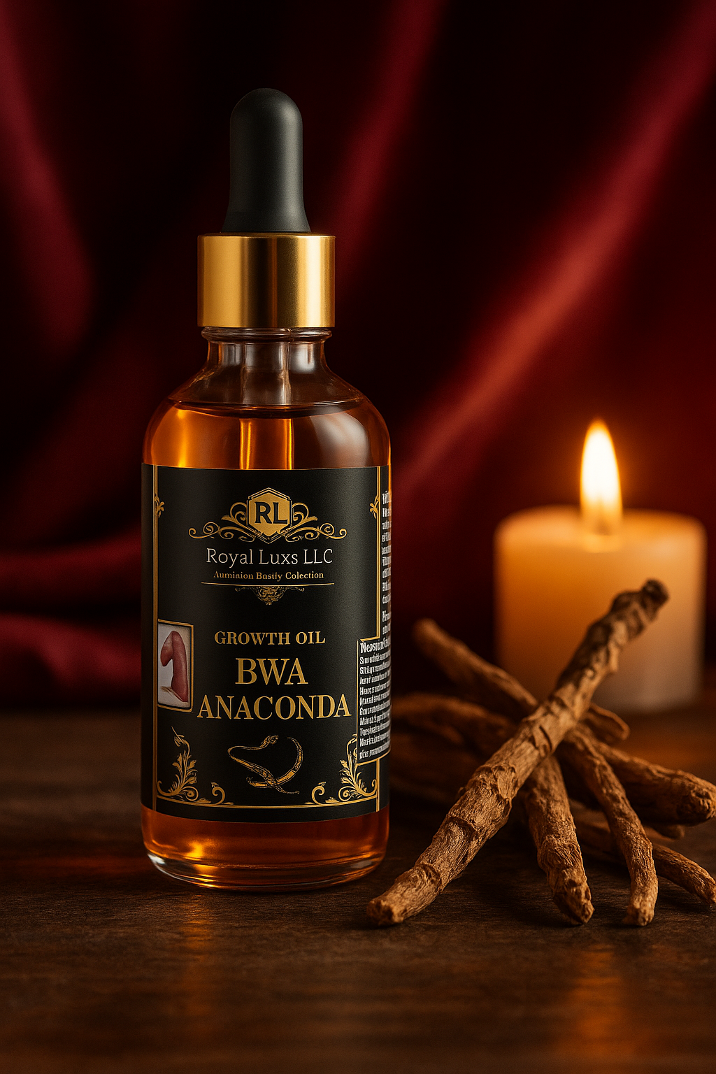 RoyalLuxsLLC African Bwa anaconda oil growth oil bottle with dropper and herbal sticks beside candle