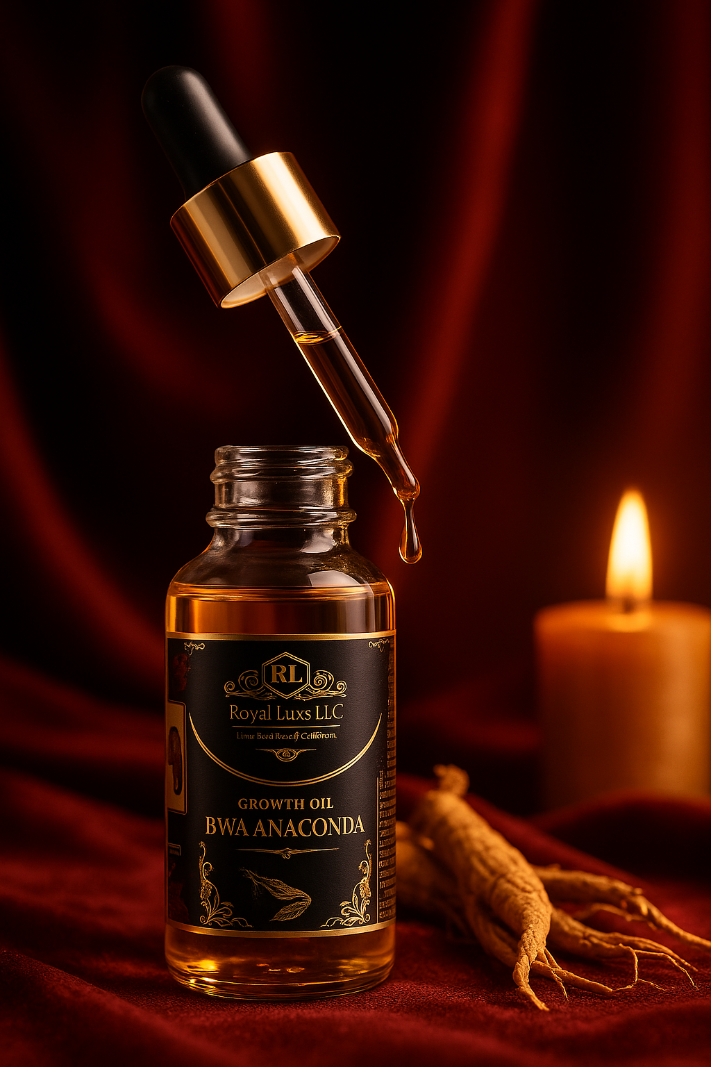 RoyalLuxsLLC African Bwa anaconda oil male enhancement growth oil bottle with dropper and roots on red velvet