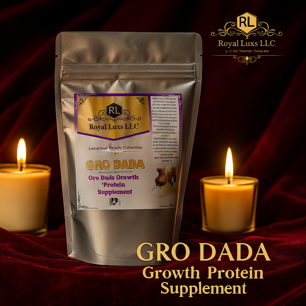 RoyalLuxsLLC Gro Dada growth protein supplement in silver pouch from botanical self-care kit with candles