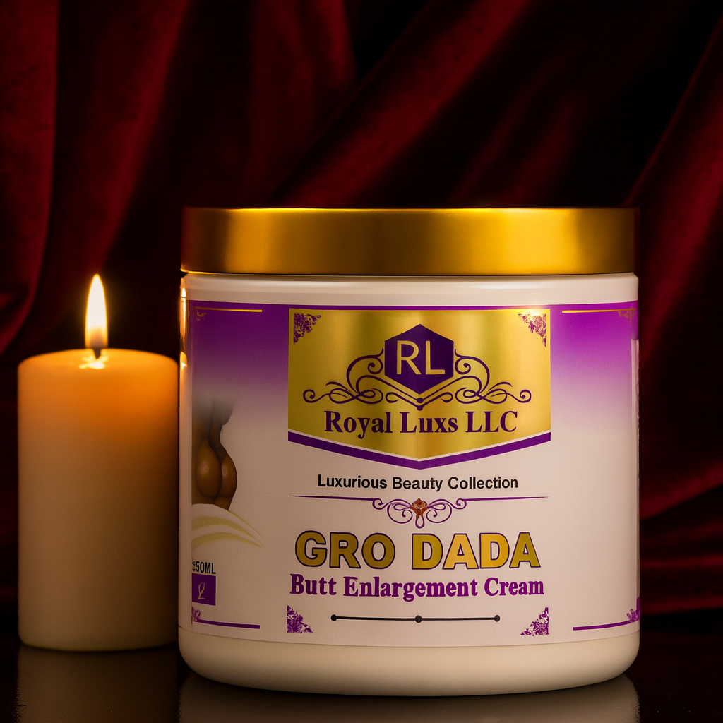 RoyalLuxsLLC Gro Dada butt enlargement cream jar with gold lid beside lit candle on dark fabric