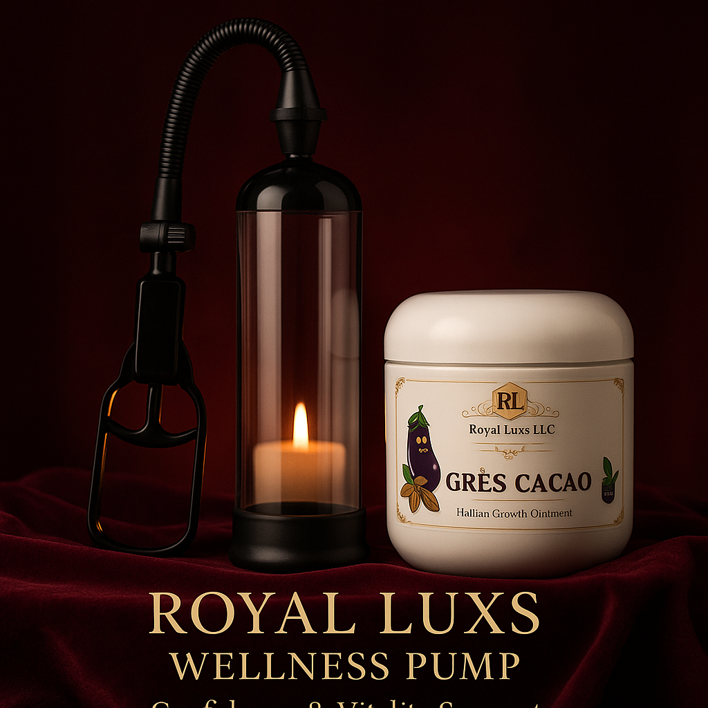 Royal LuxsLLC Haitian Gres cacao ointment jar next to a black wellness pump with candle inside