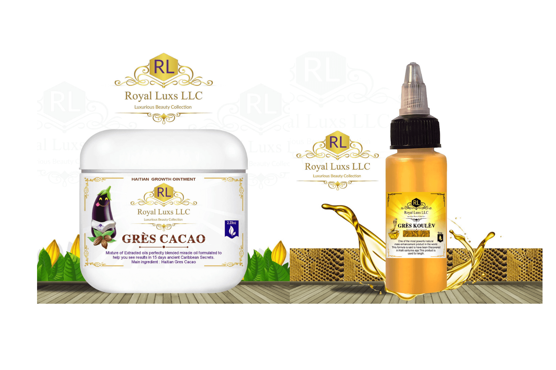 RoyalLuxsLLC herbal body oil set featuring natural body oil and cacao ointment for skin care