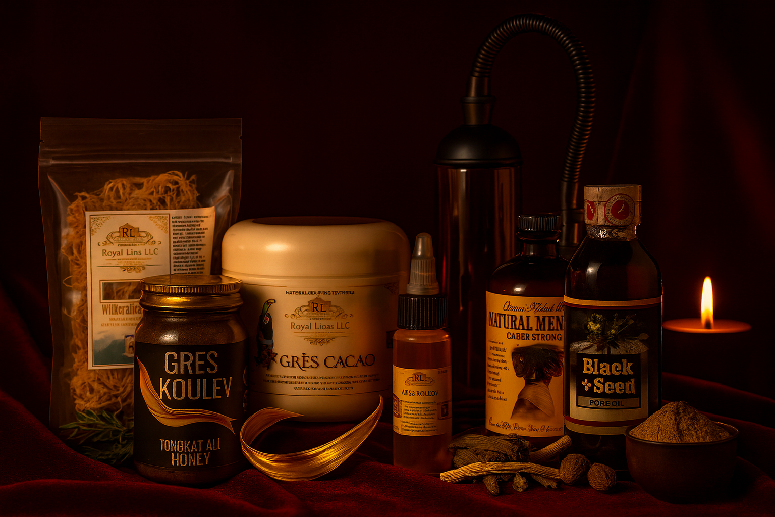 RoyalLuxsLLC herbal intimacy wellness kit with natural supplements, oils, honey, and powders displayed on dark fabric