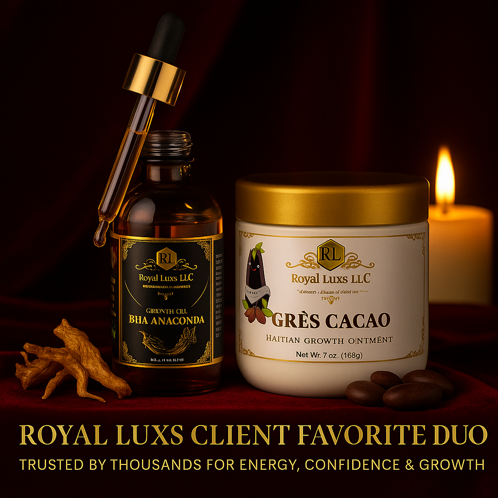 RoyalLuxsLLC herbal intimacy wellness set with growth oil dropper and cacao growth ointment for male enhancement