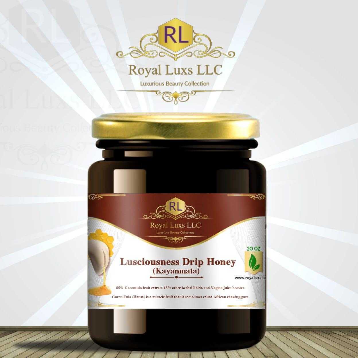 Royal Luxs LLC Lusciousness Drip Honey Kayanmata in a dark jar with gold lid kayanmata honey for intimacy