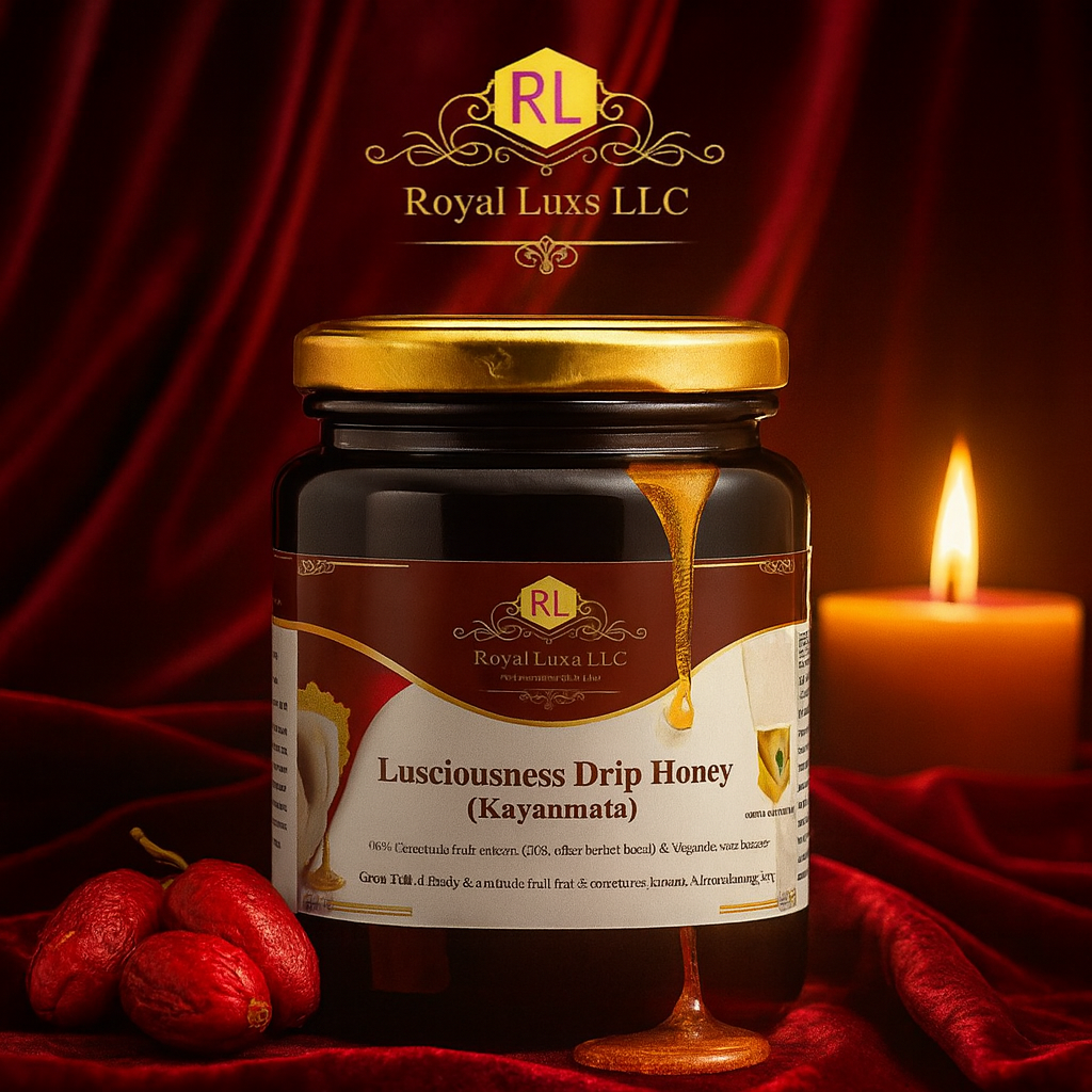 RoyalLuxsLLC Lusciousness Drip Honey kayanmata honey for intimacy in a glass jar next to a lit candle