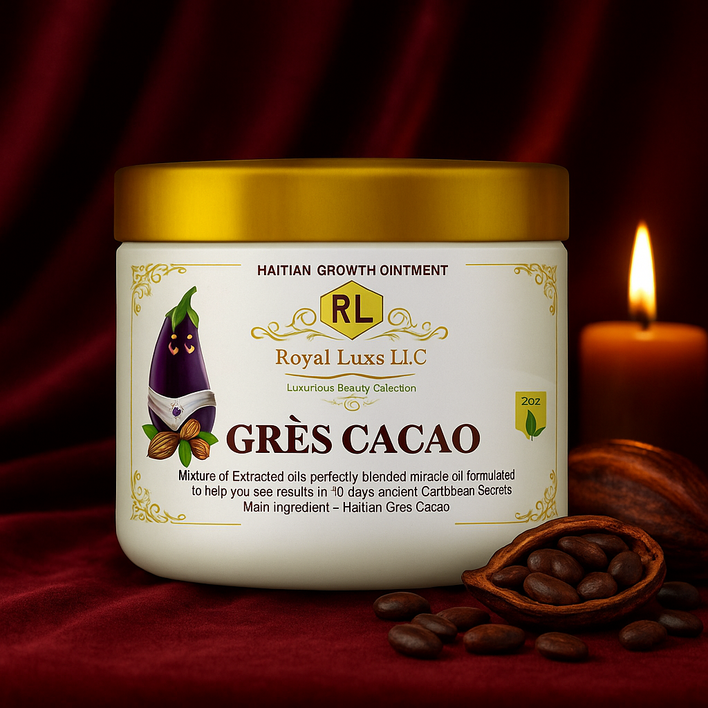 Royal LuxsLLC Haitian Gres Cacao men’s wellness blend male enhancement ointment jar with cocoa beans and candle