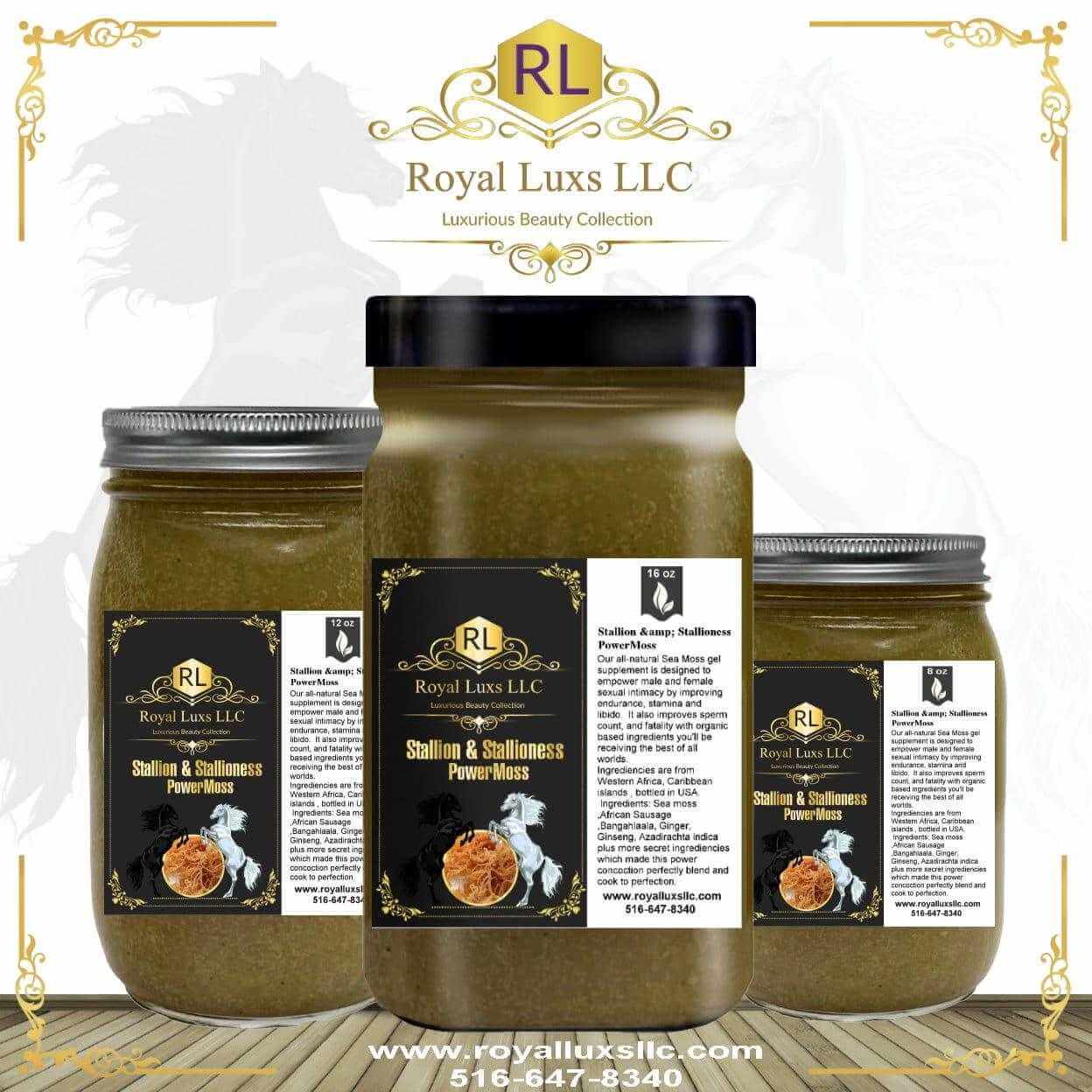 Royal Luxs LLC herbal vitality blend Stallion and Stallioness Power Mass in three glass jars with black and silver lids