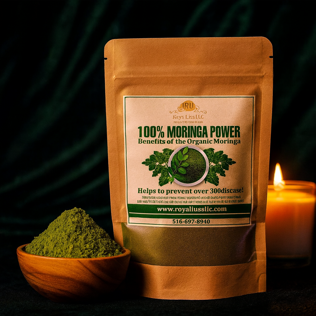 RoyalLuxsLLC organic moringa leaf powder in brown resealable pouch next to wooden bowl with green powder