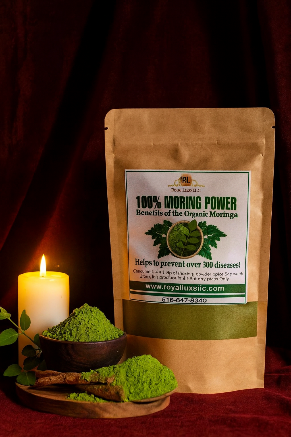 RoyalLuxsLLC organic moringa leaf powder in brown resealable bag with green powder in wooden bowls and candle