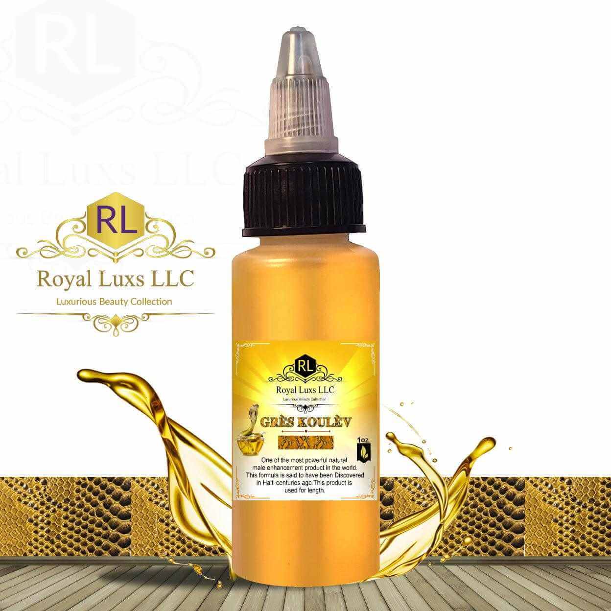 Mandingo Miracle Oil for wellness by RoyalLuxsLLC in a yellow bottle with black cap and golden liquid splash