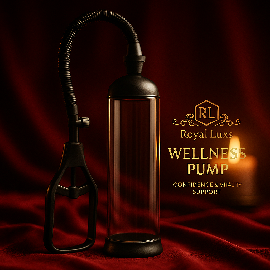 RoyalLuxsLLC mens wellness pump for confidence with clear cylinder and black handle on red velvet