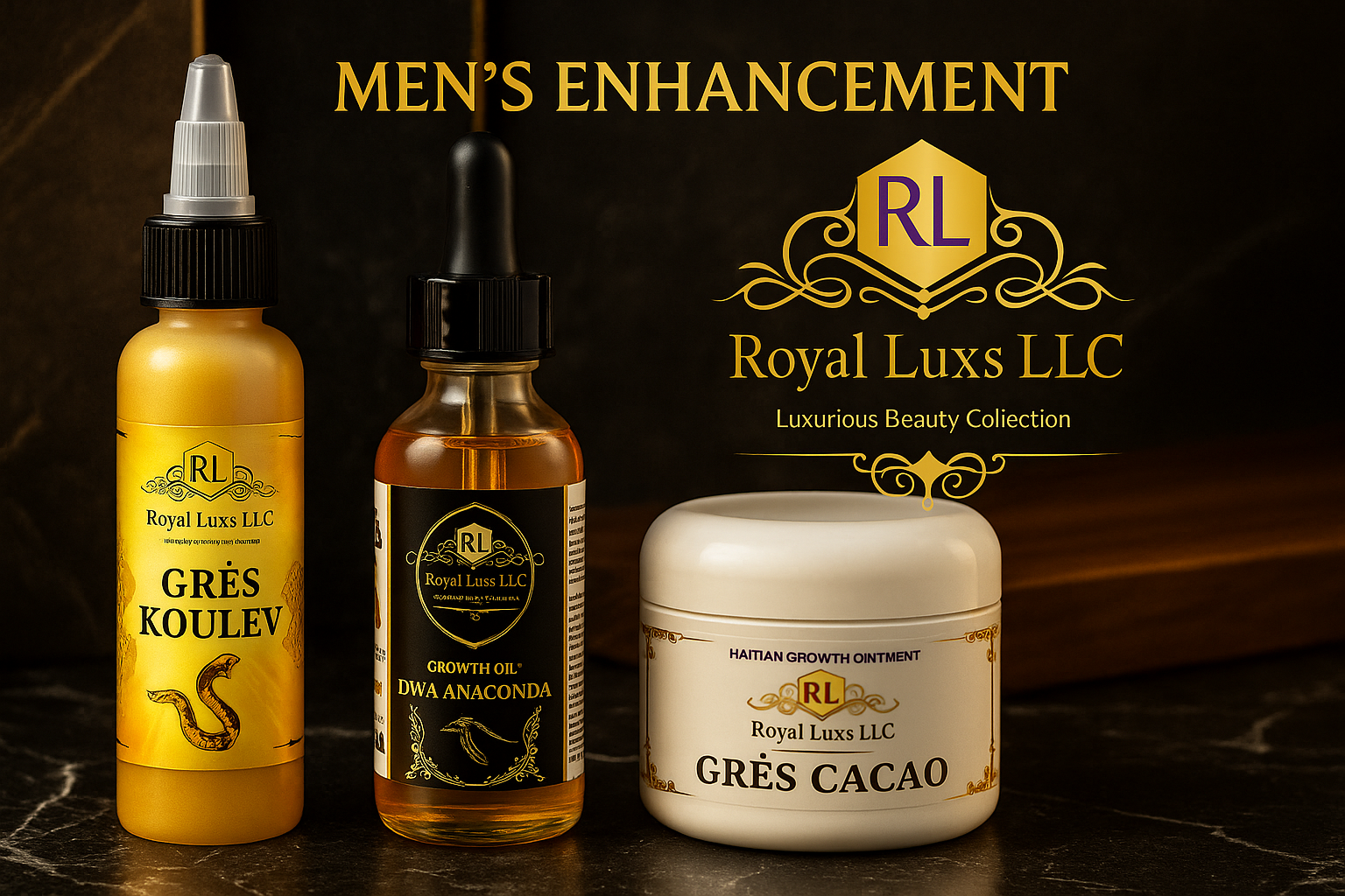 Royal Luxs LLC natural male enhancement trio cream set including Grès Koulev spray, Dwa Anaconda growth oil, and Grès Cacao ointment