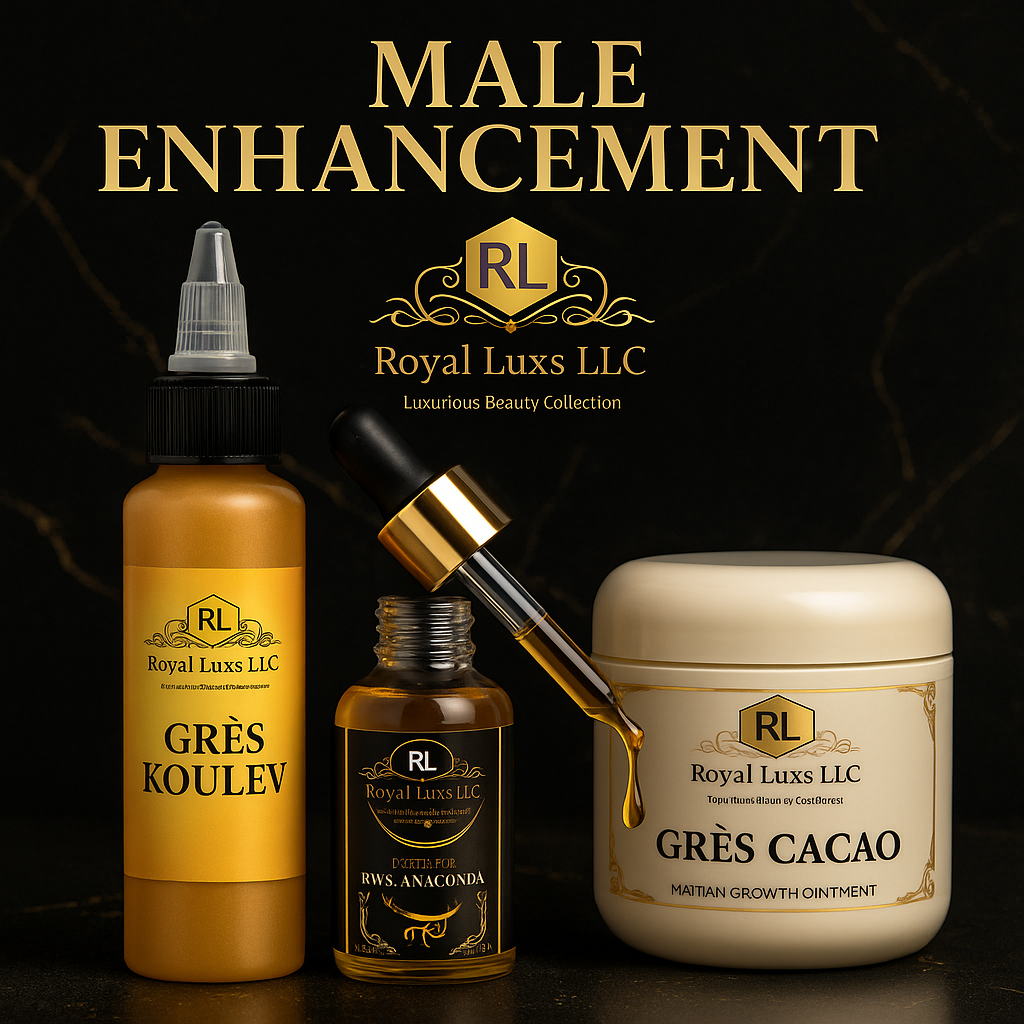 RoyalLuxsLLC natural male enhancement trio cream set including Grès Koulev spray, Anaconda oil dropper, and Grès Cacao ointment