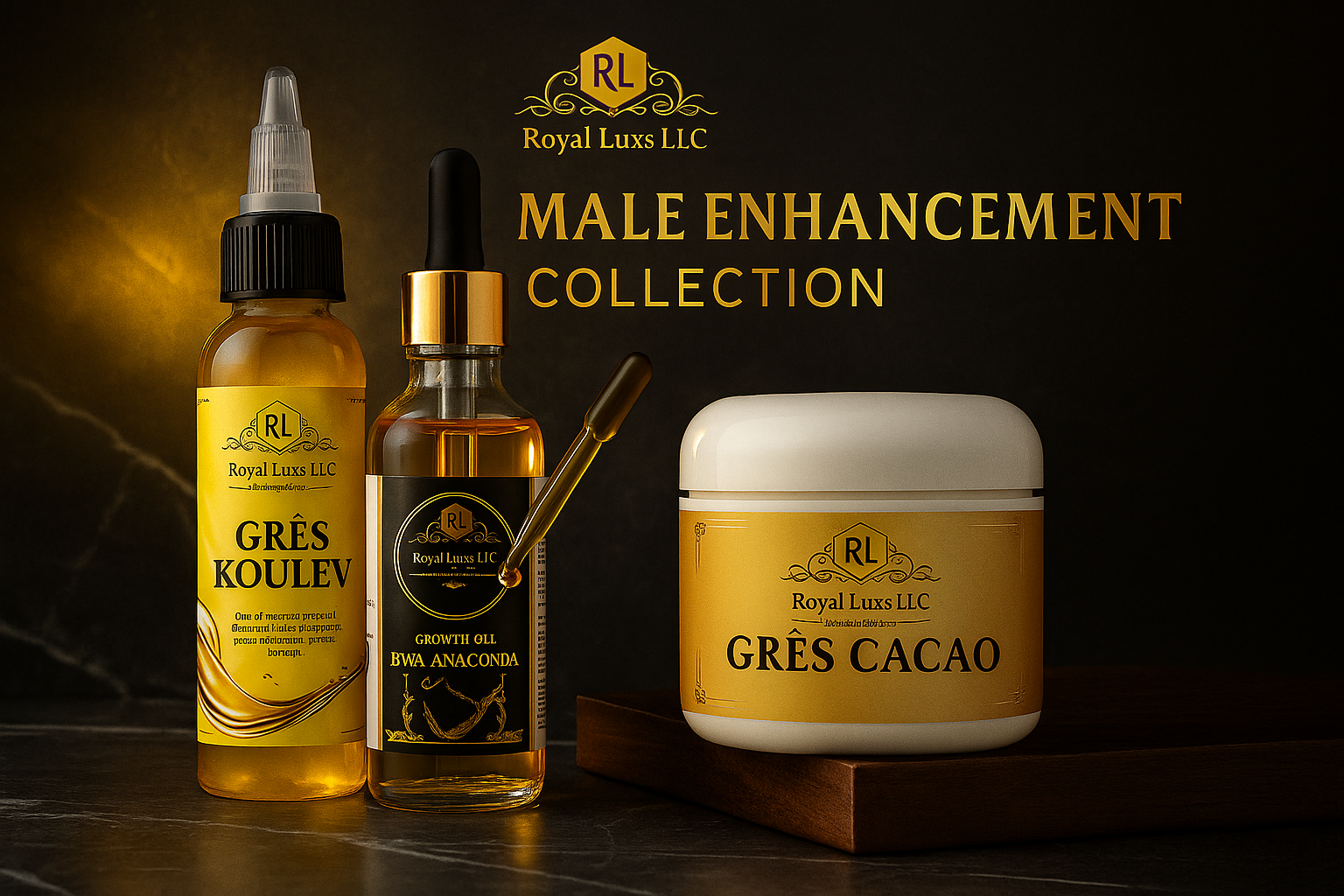 RoyalLuxsLLC natural male enhancement trio cream and oils in amber and white containers