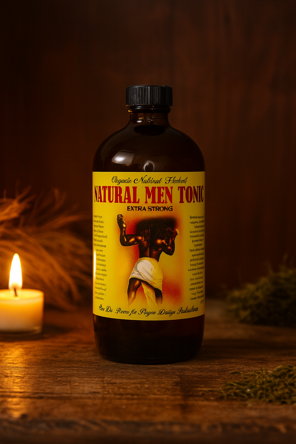 RoyalLuxsLLC natural men tonic bottle with yellow label and black cap on wooden surface near candle