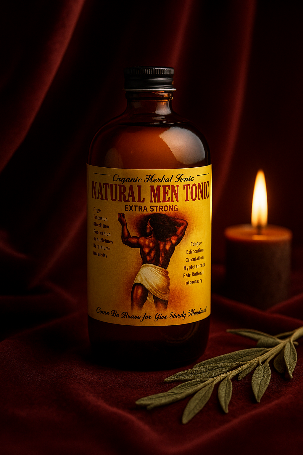 RoyalLuxsLLC natural men tonic organic herbal tonic bottle with extra strong formula and candle background