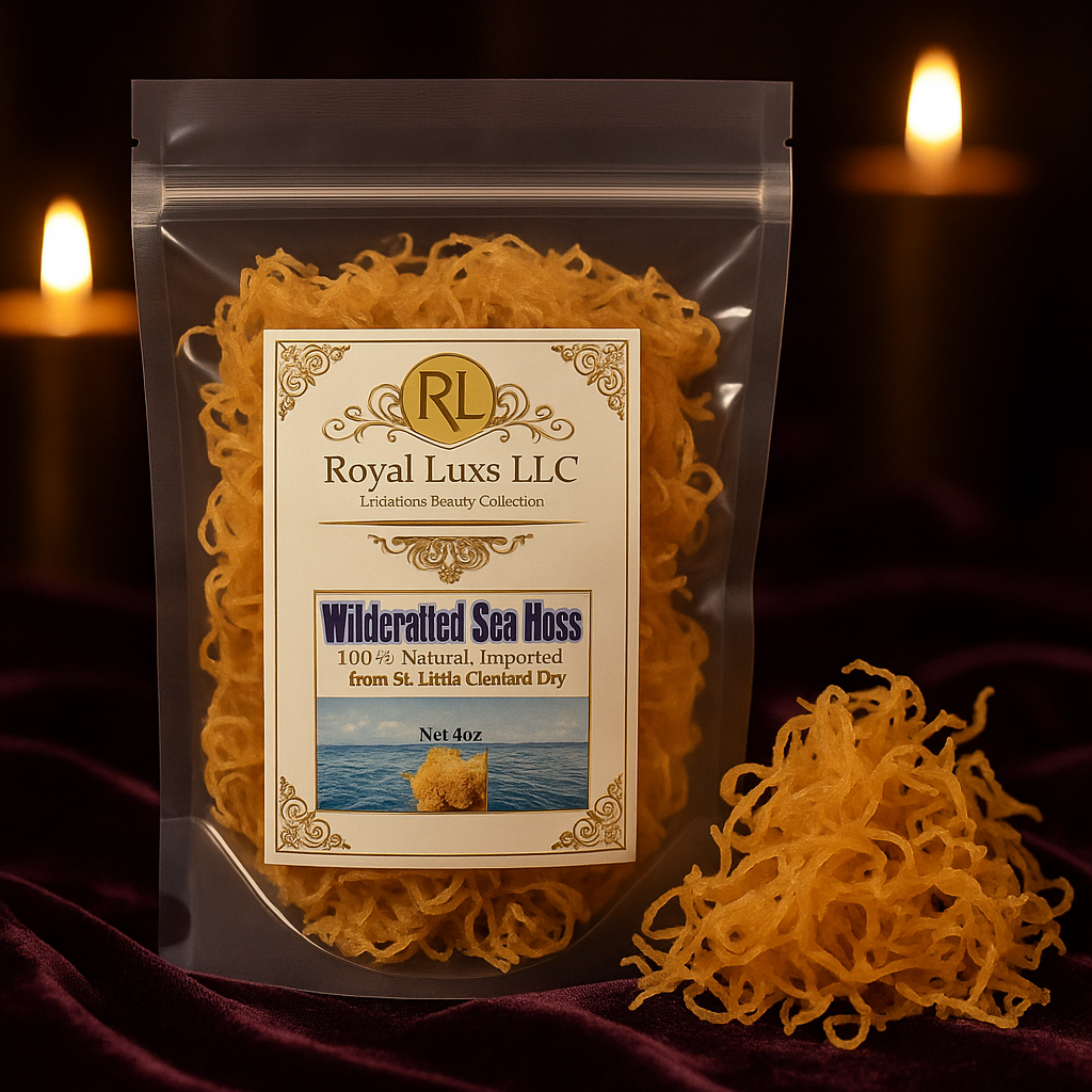 RoyalLuxsLLC wildcrafted sea moss from St. Lucia packed in a clear resealable pouch on velvet fabric