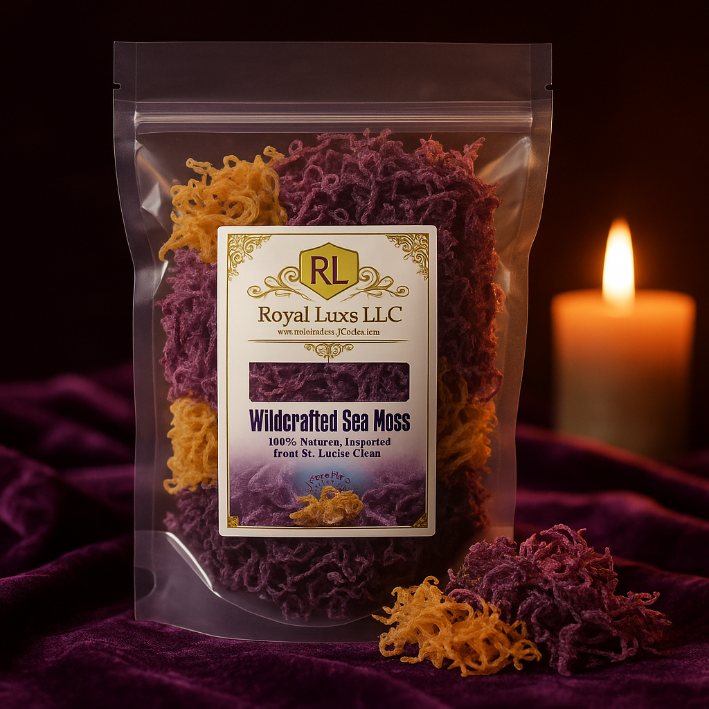 RoyalLuxsLLC wildcrafted sea moss from St. Lucia in clear resealable bag on purple cloth with candle