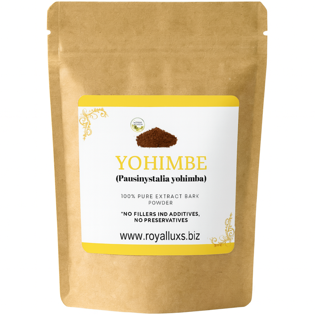 RoyalLuxsLLC organic yohimbe bark powder in resealable brown kraft bag with white label