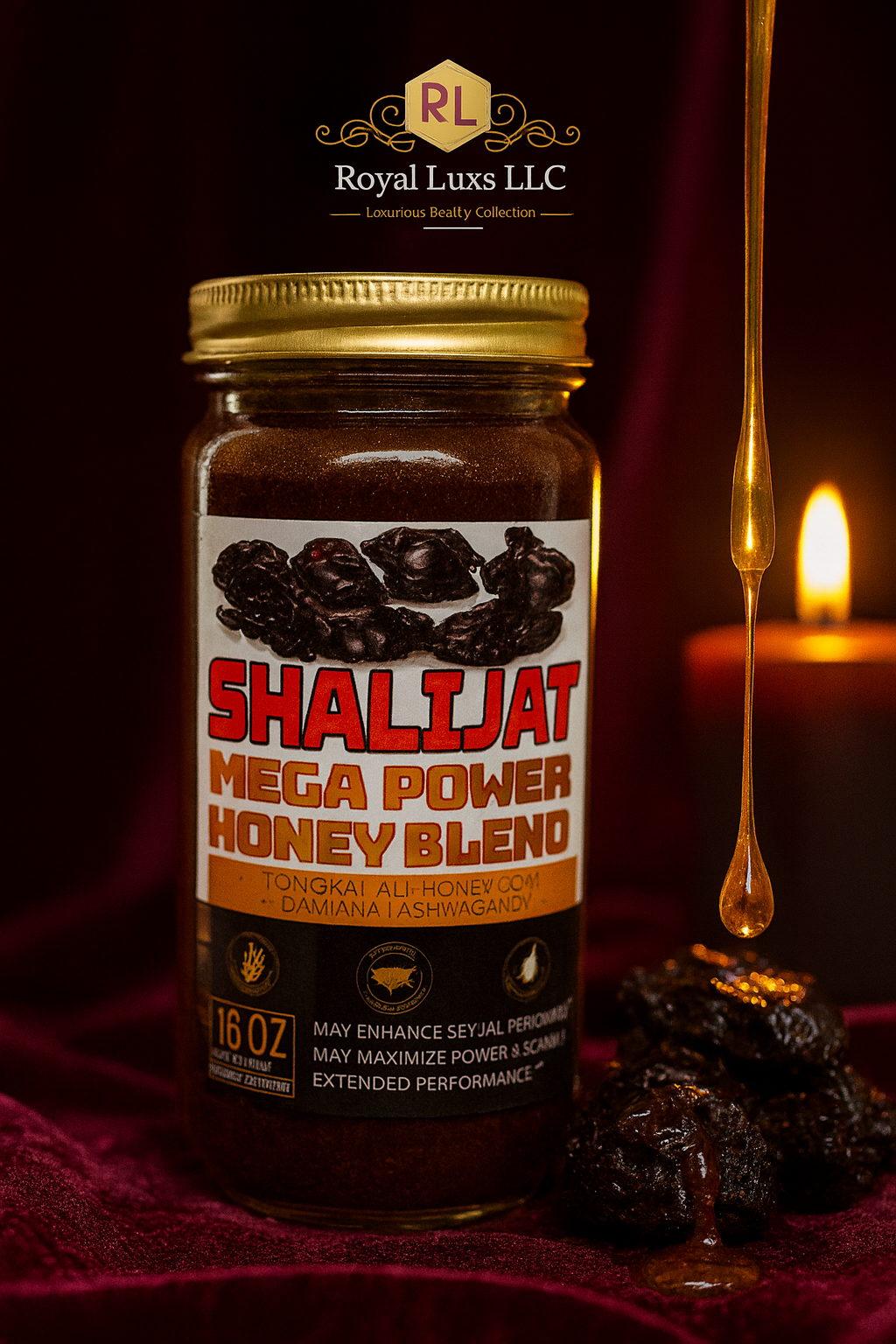 RoyalLuxsLLC organic Himalayan shilajit honey in 16 oz jar with golden lid and honey dripping