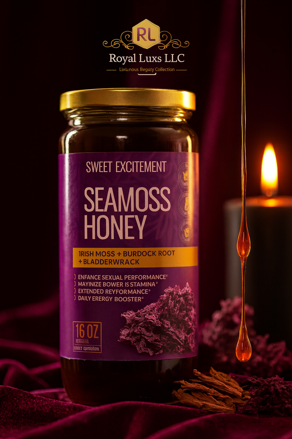RoyalLuxsLLC sea moss honey with burdock root jar with honey dripping next to a lit candle