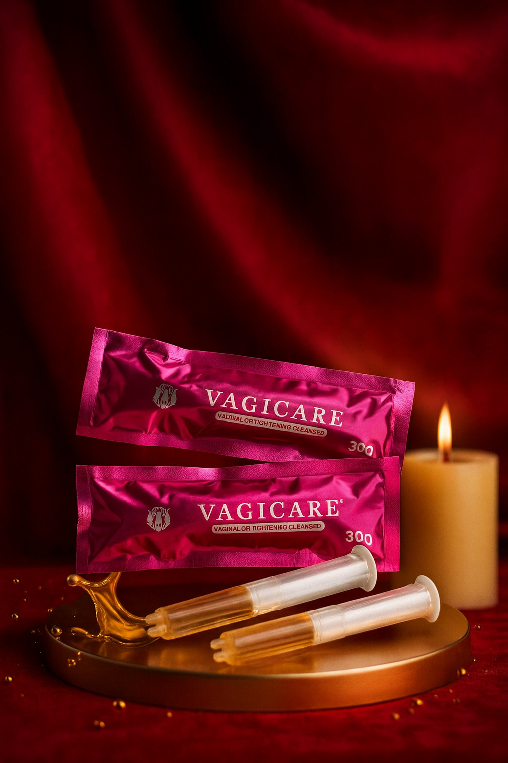 RoyalLuxsLLC Vagicare vaginal tightening gel packets and applicators on gold tray with candle background