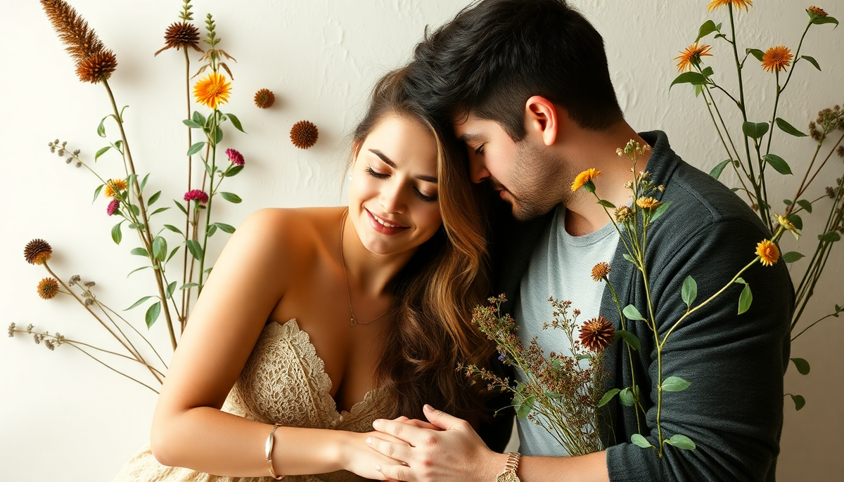 Couple surrounded by ancient herbal intimacy plants