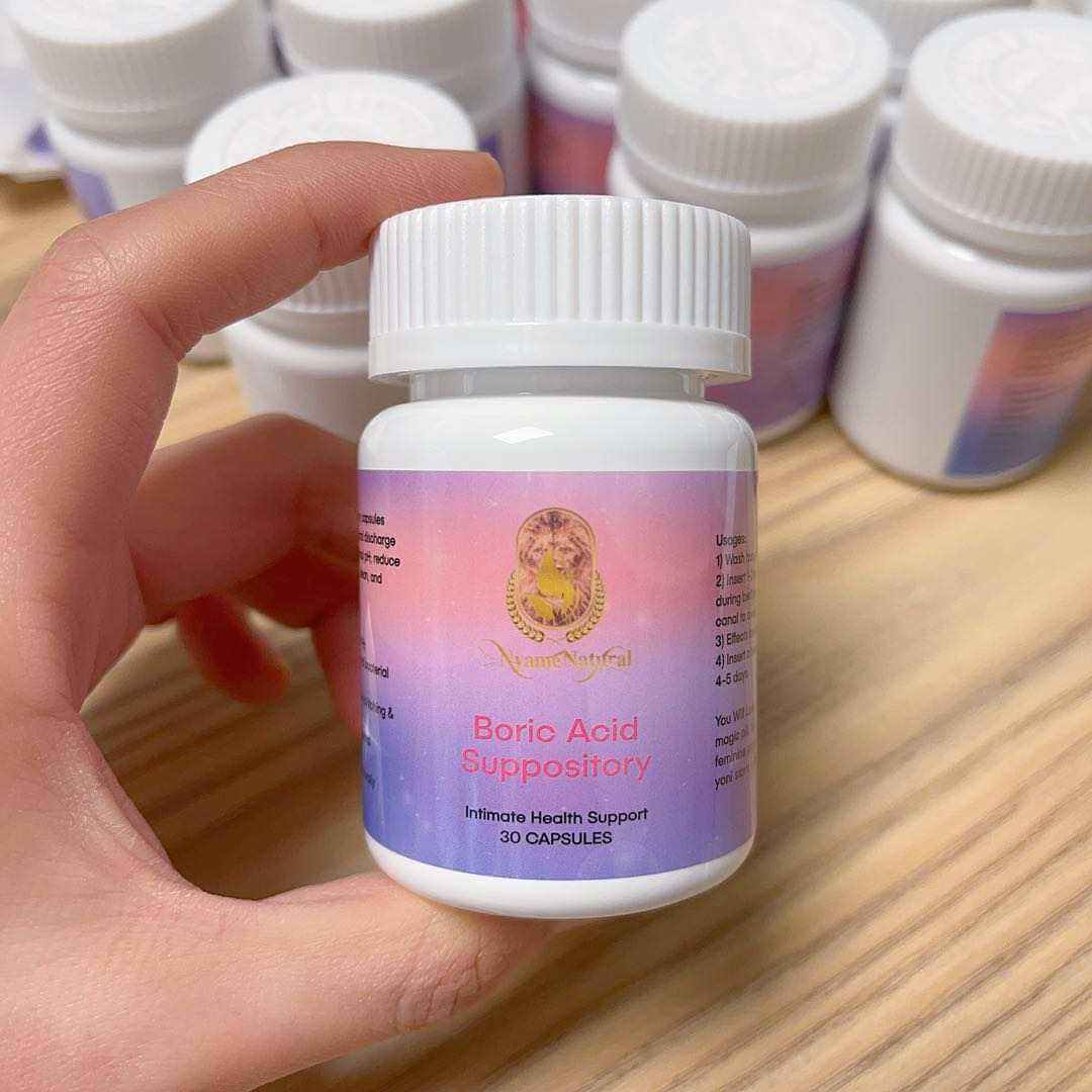 Pure Boric Acid suppository for intimate health support, promoting pH balance in 30 capsule bottle.