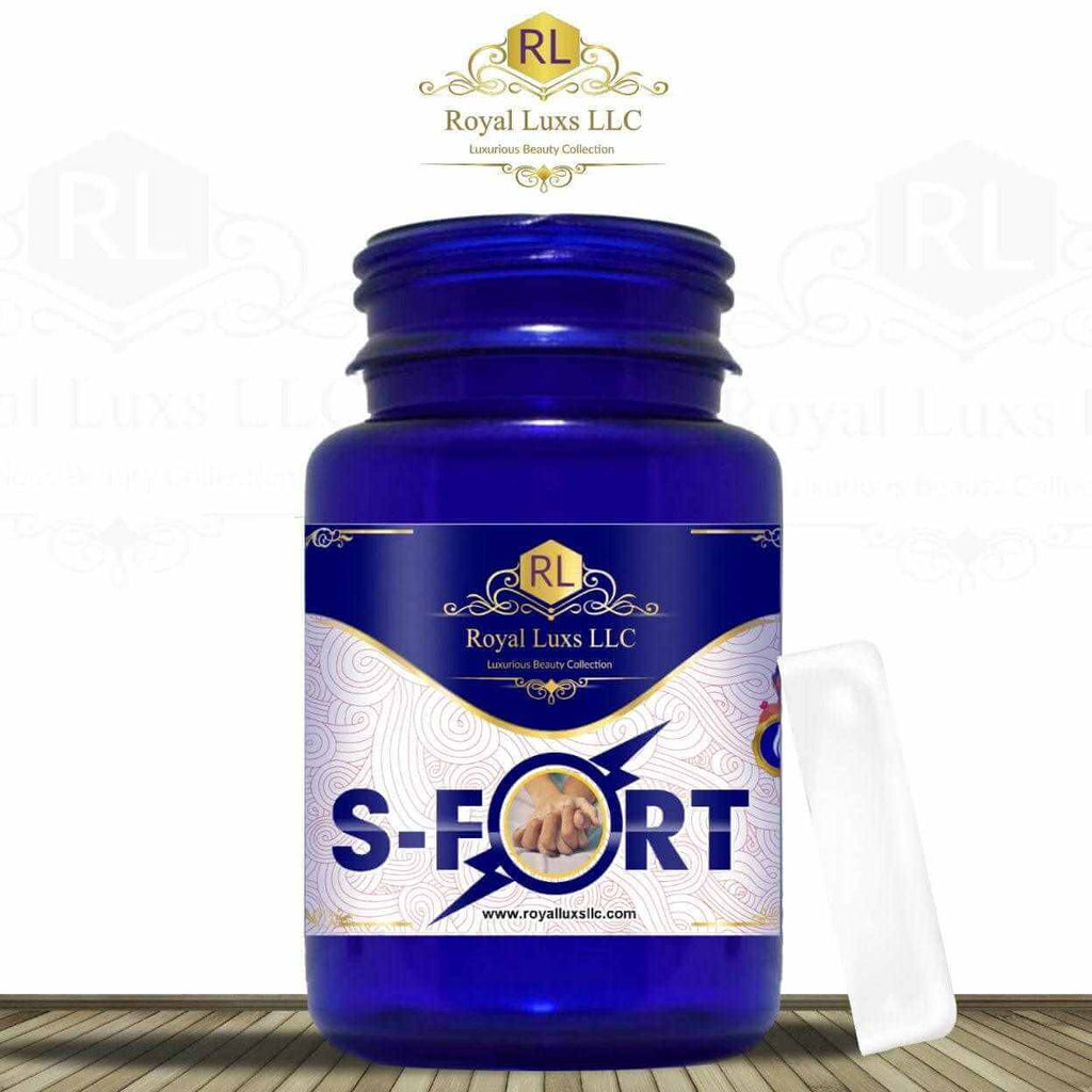S-Fort natural enhancing capsules for men by Royal Lux LLC in a blue bottle on a white background.