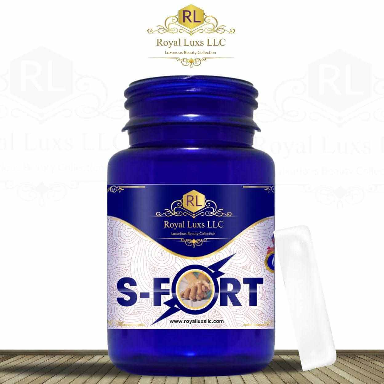 S-Fort natural enhancing capsules for men by Royal Lux LLC in a blue bottle on a white background.