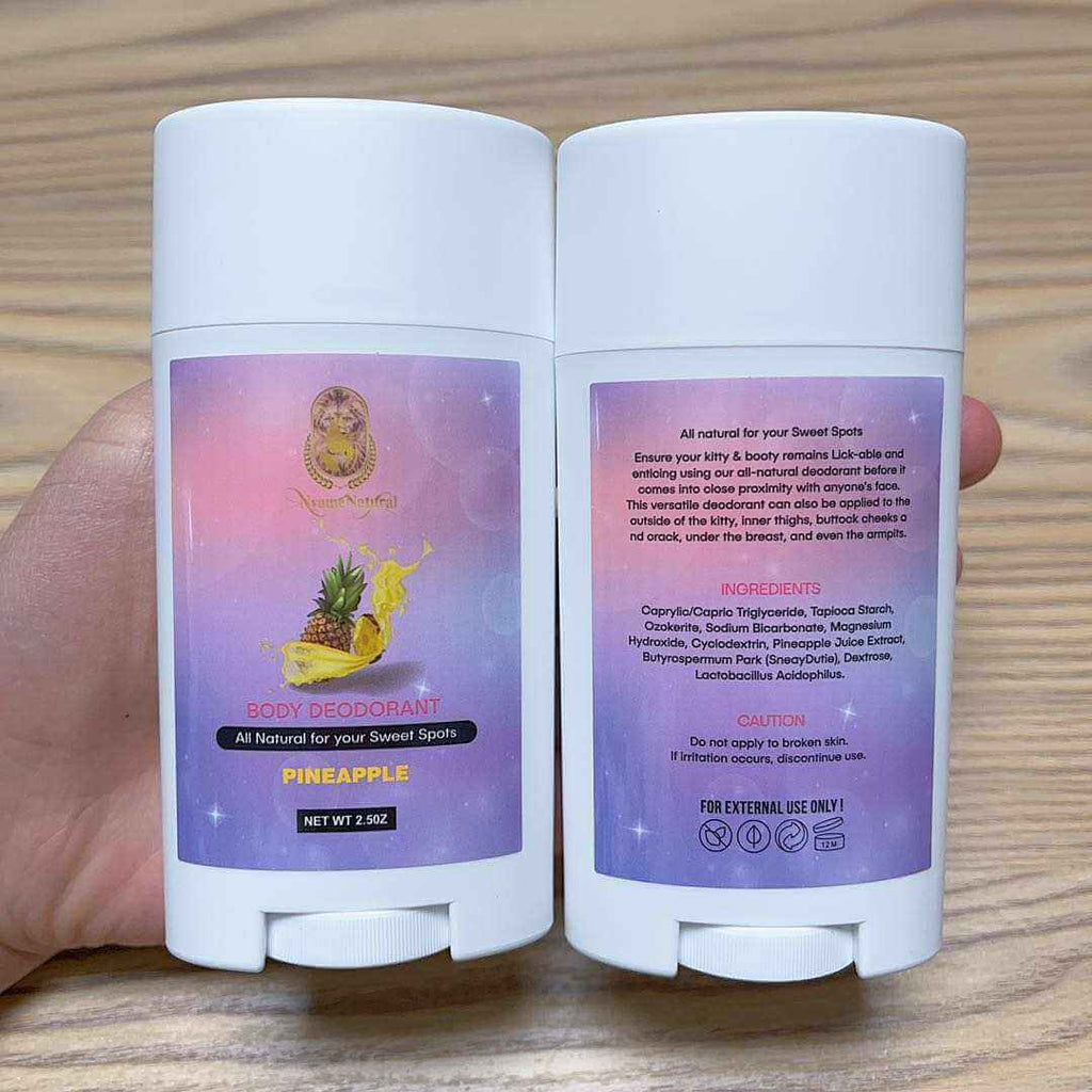 Booty Deodorant stick in pineapple scent, featuring natural ingredients for all-day odor protection.