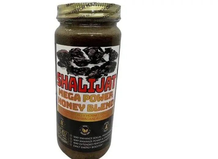 Glass jar of Shalijat Mega Power Honey Blend, featuring a dark honey mixture with energizing ingredients.