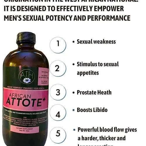 Bottle of African Attote highlighting benefits for men's sexual health and performance enhancement.