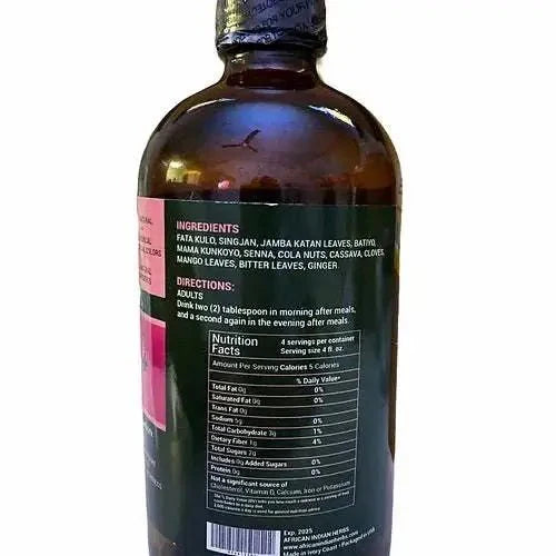 Label of African Attote Bitter showing ingredients and nutrition facts for wellness tonic.