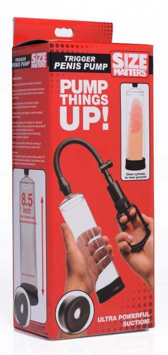 Size Matters Trigger Penis Pump packaging with powerful suction features for enhanced performance.