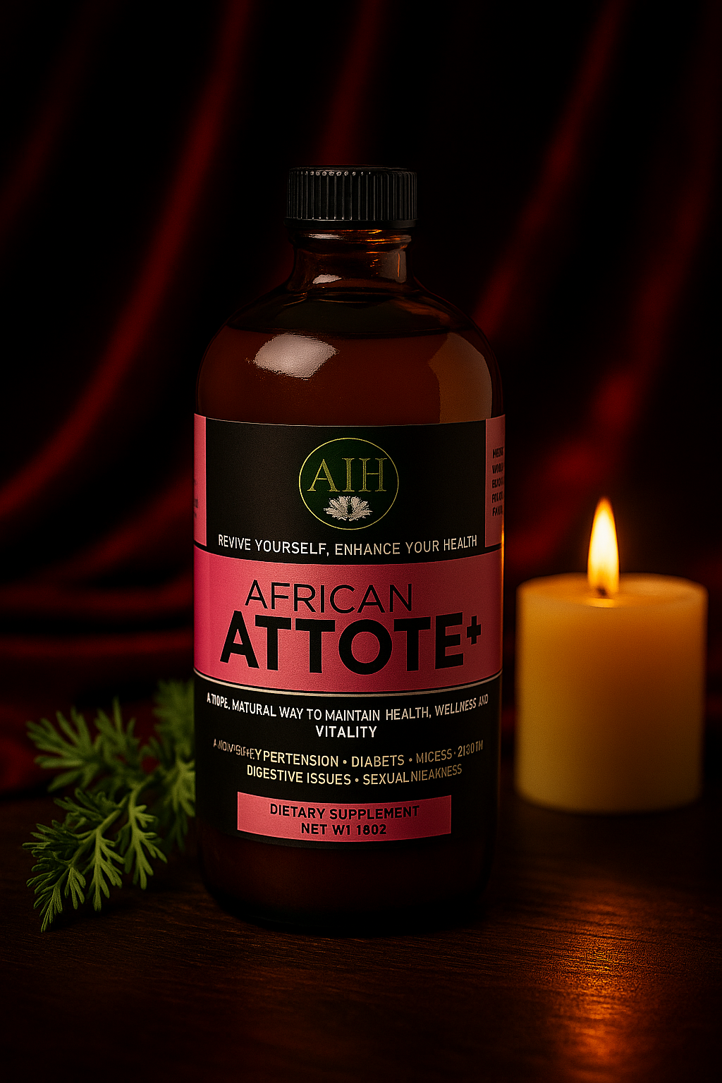 RoyalLuxsLLC African Attote bitter supplement bottle with candle and greenery on wooden surface