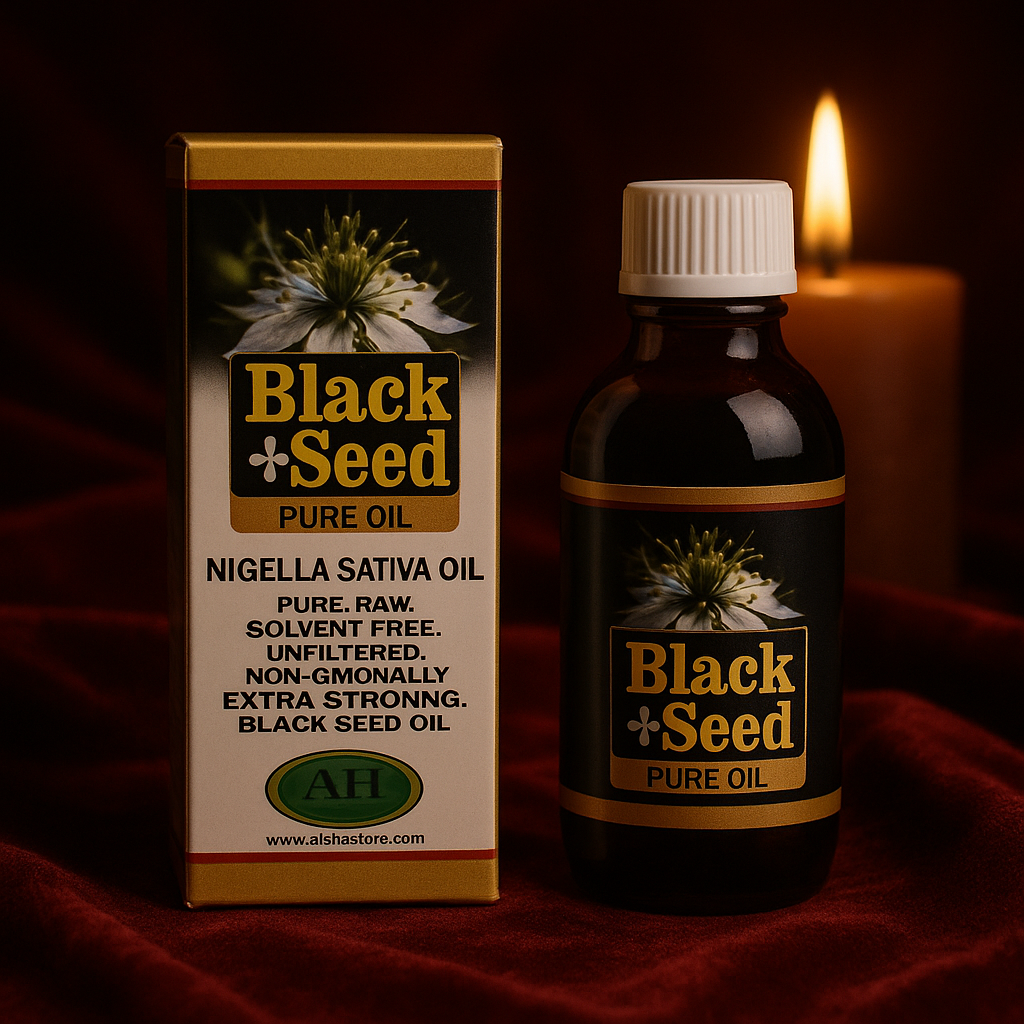 RoyalLuxsLLC pure black seed oil cold pressed bottle and box with white flower on label and candlelight background