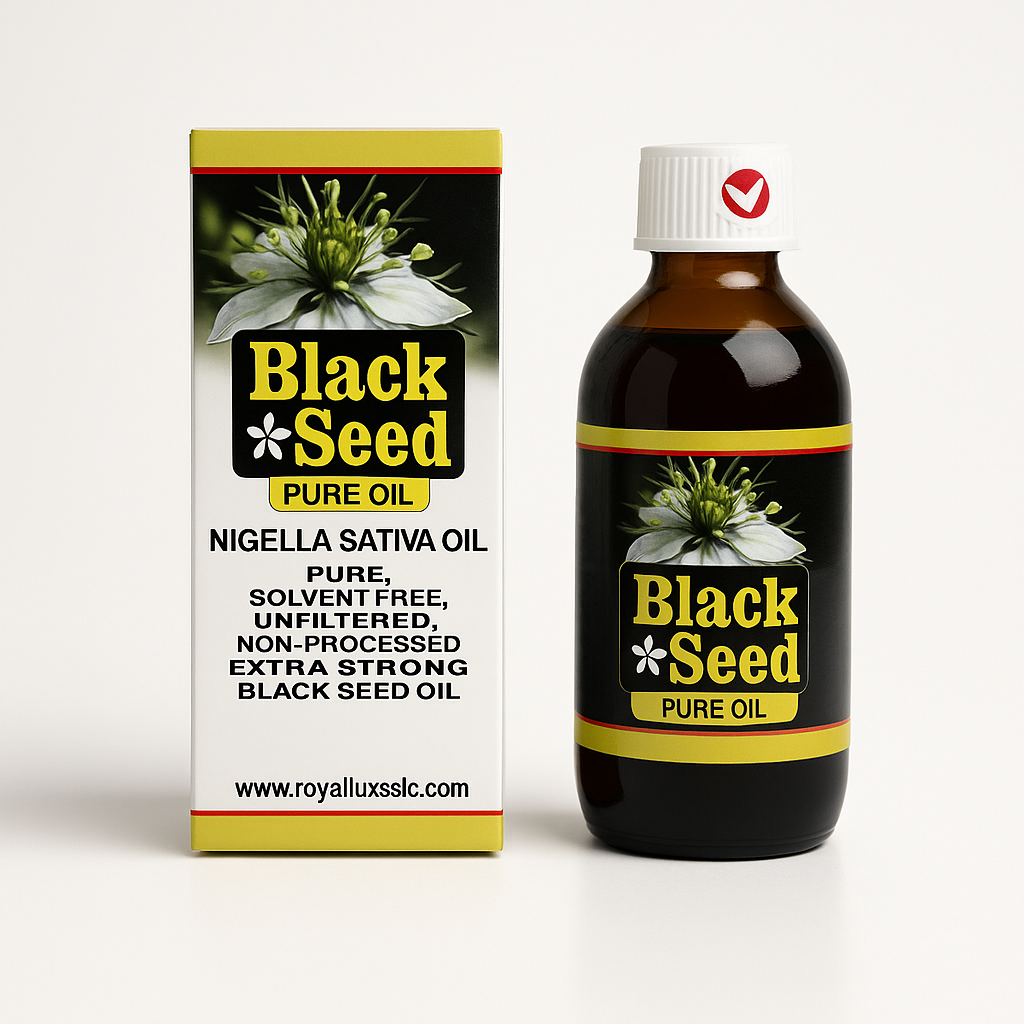 RoyalLuxsLLC pure black seed oil cold pressed bottle and packaging with Nigella Sativa flower design
