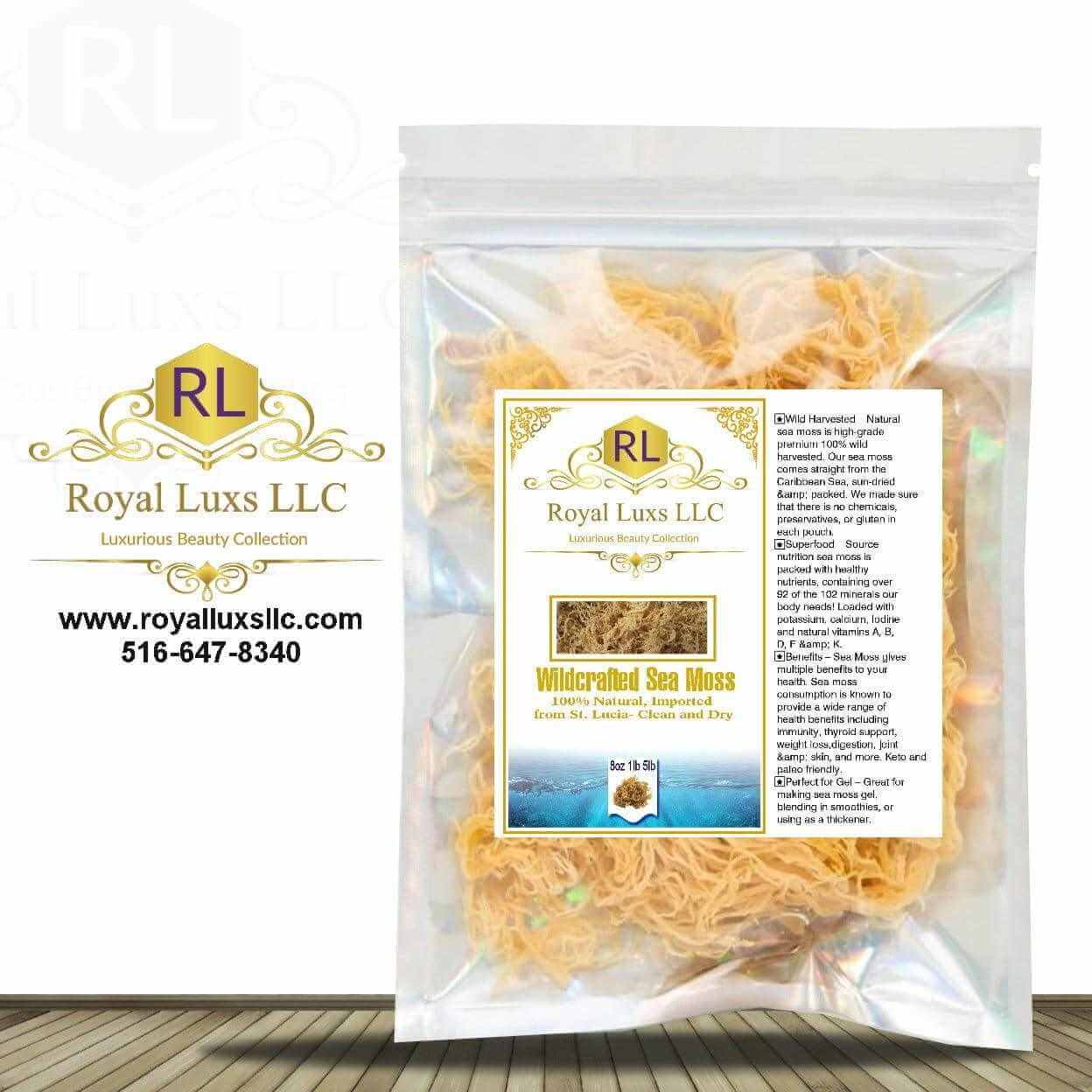 Royal Lux LLC Wildcrafted Sea Moss in a clear package, sourced from St. Lucia, clean and sun-dried for premium quality.