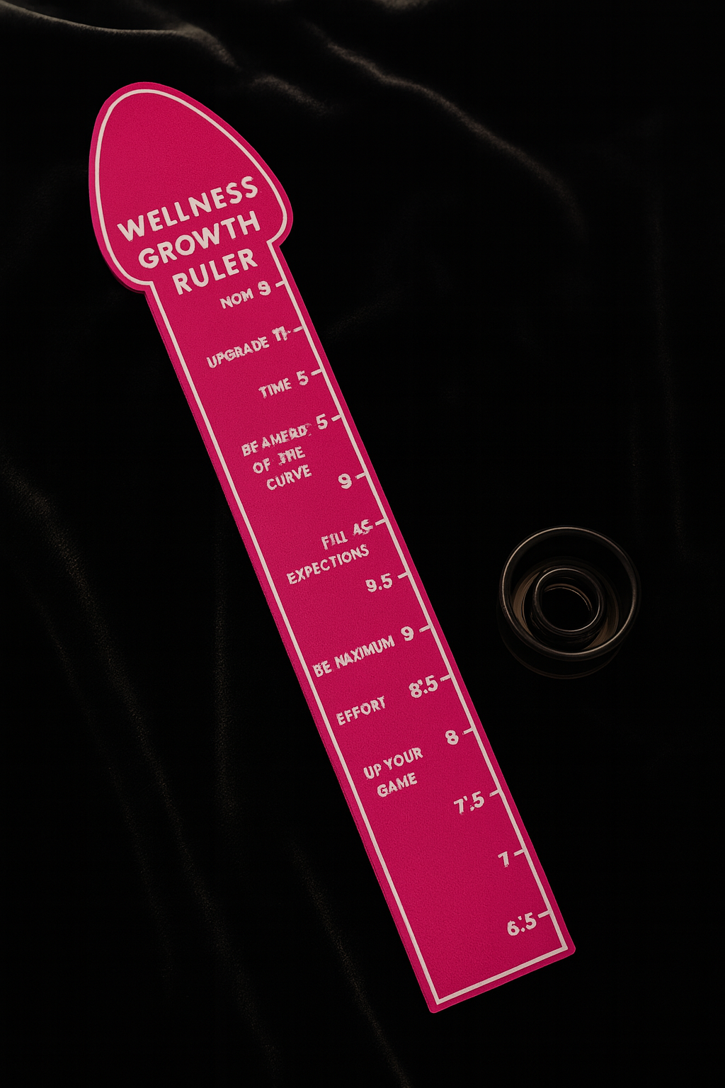 RoyalLuxsLLC pink wellness growth eggplant ruler for couples with motivational markings on black background