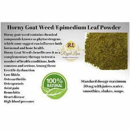 Horny Goat Weed Epimedium Leaf Powder benefits and usage details in a natural supplement graphic.
