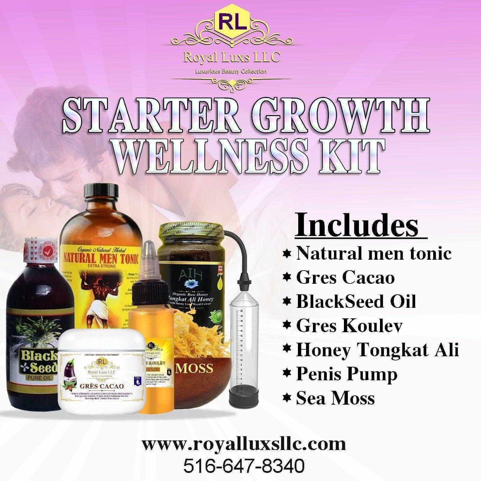Starter Growth Wellness Kit including Gres Cacao, Gres Koulev, and various natural supplements for male performance.