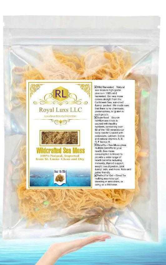 Royal Lux LLC Wildcrafted Sea Moss in a clear package, harvested from St. Lucia, ideal for wellness and nutrition.