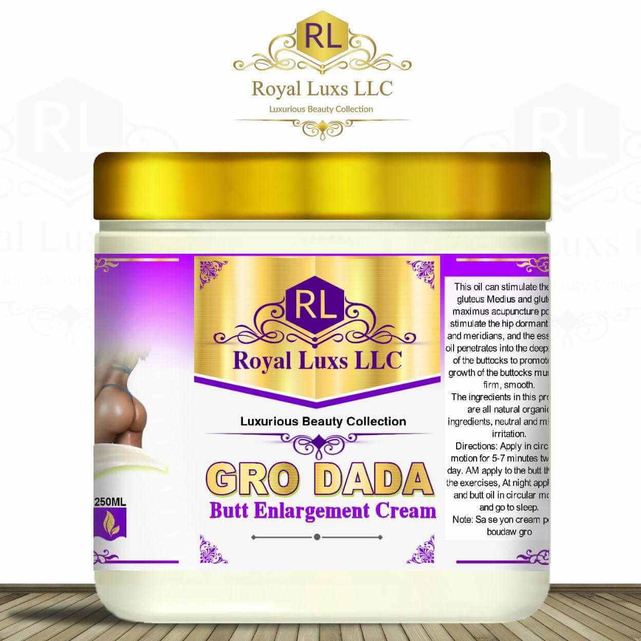 Gro Dada Butt Cream by Royal Lux LLC in a jar, designed to enhance curves with natural ingredients.